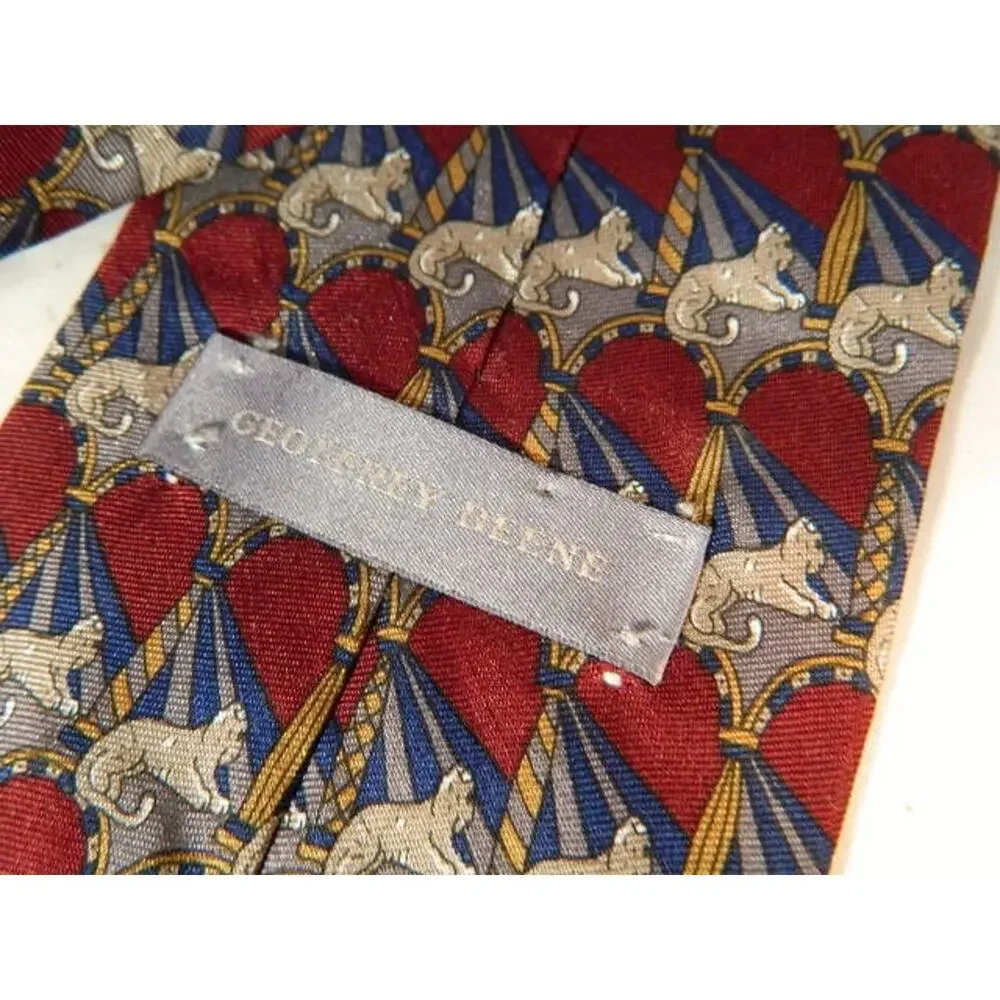 Vintage Wide Geoffrey Beene Silk Maroon Lion Sphinx Print Tie, All Silk Necktie